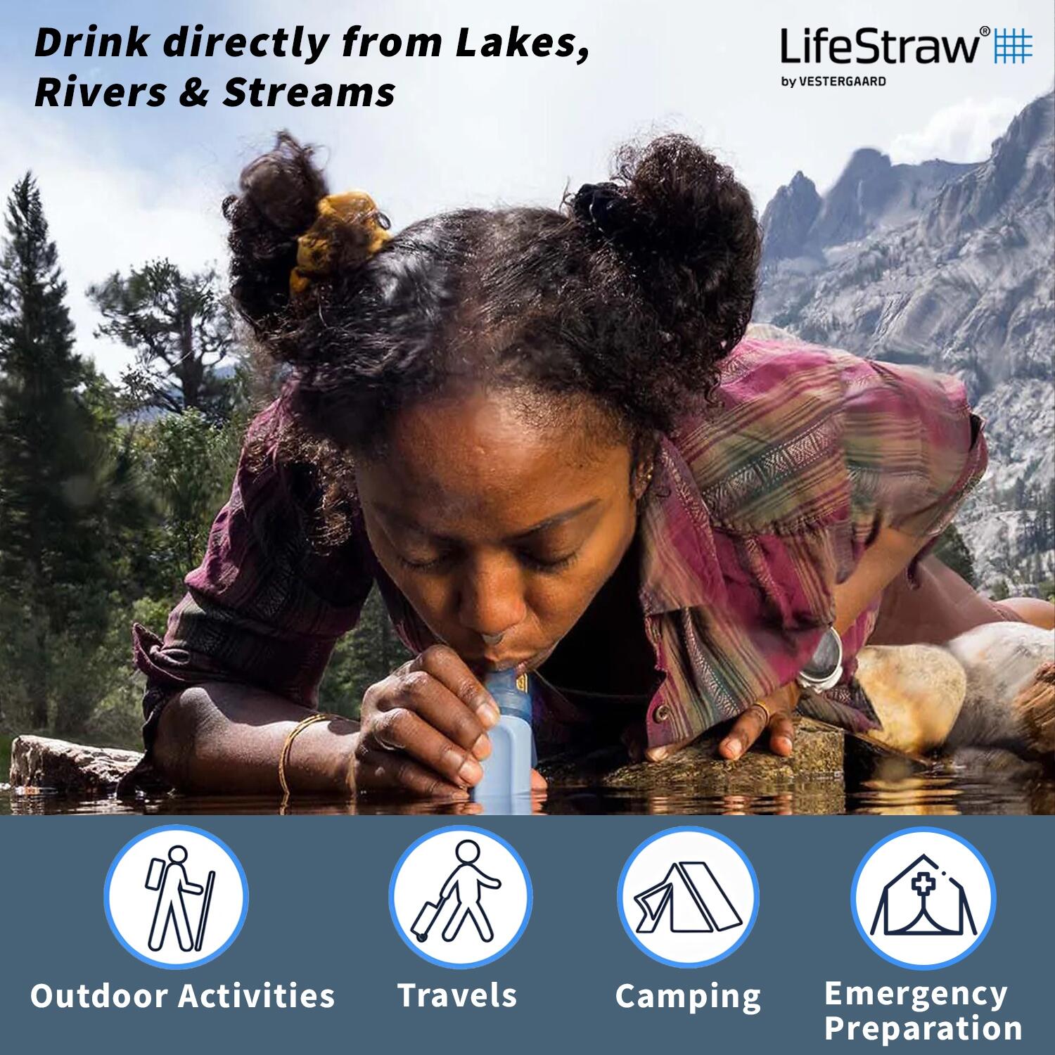 Peak Series Personal Water Filter Straw for Hiking, Camping, Travel, and Emergency Preparedness, Grey