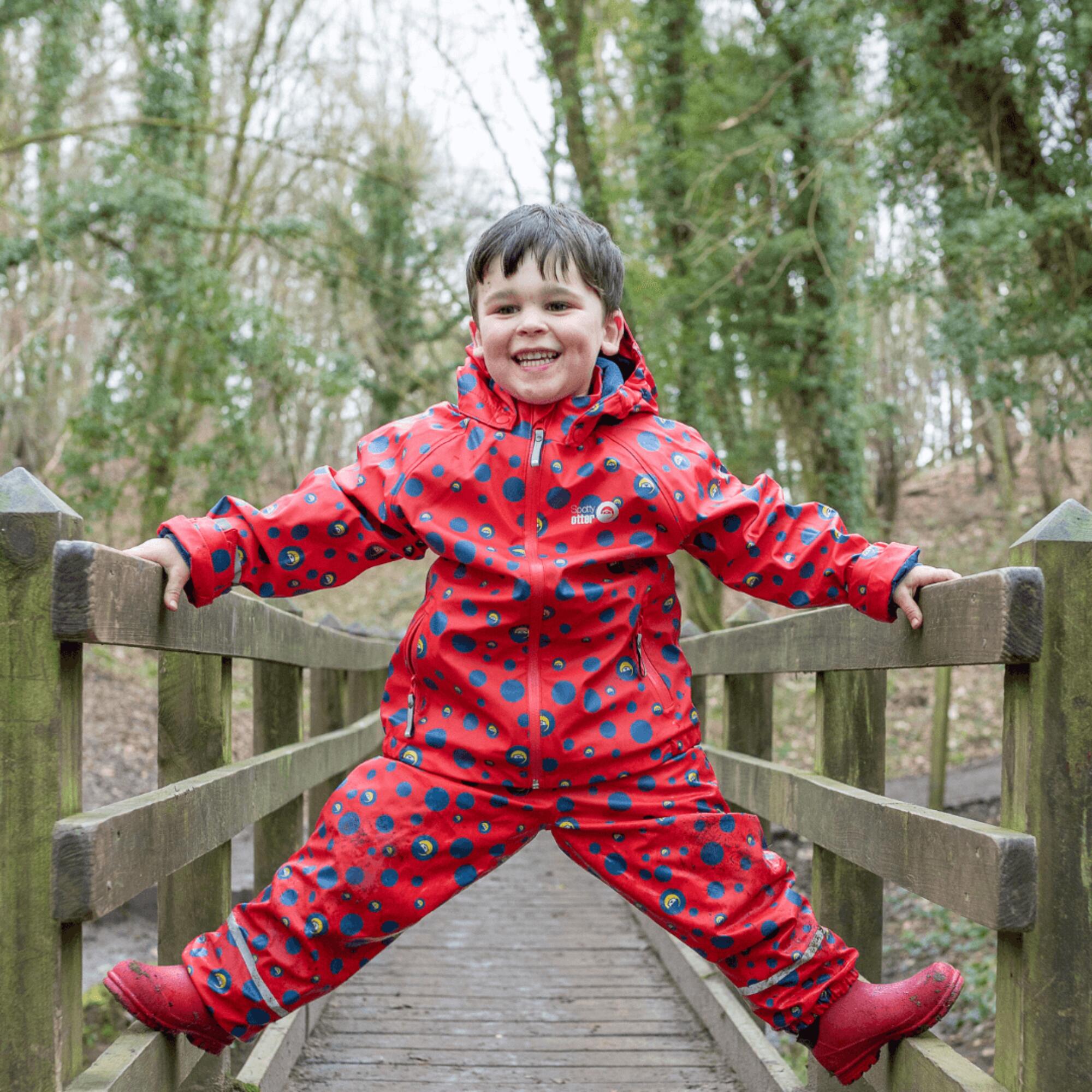 Spotty Otter Forest Leader Fleece Lined Printed Dungarees Red Dot Print 5/7