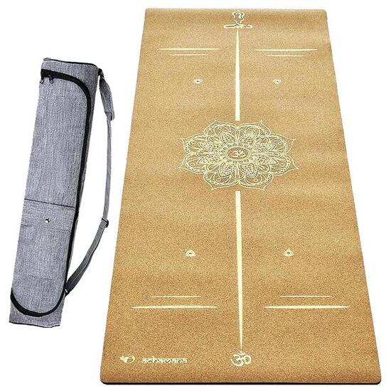 Tappetino yoga gomma e sughero 5mm Mandala Bodylines oro + borsa in microfibra