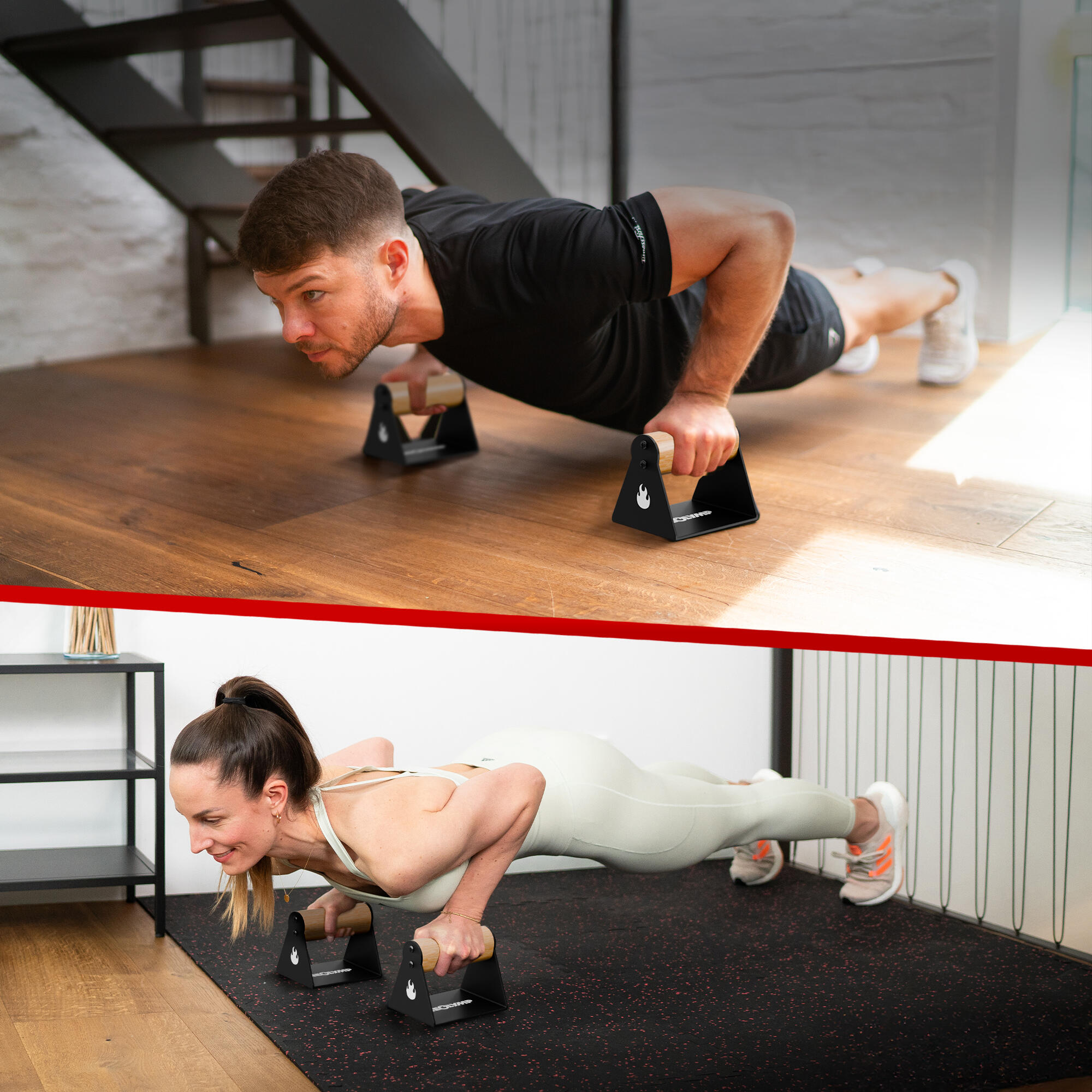 2er Set handgelenkschonende Holz Liegestützgriffe mit Calisthenics-Übungen 3/7