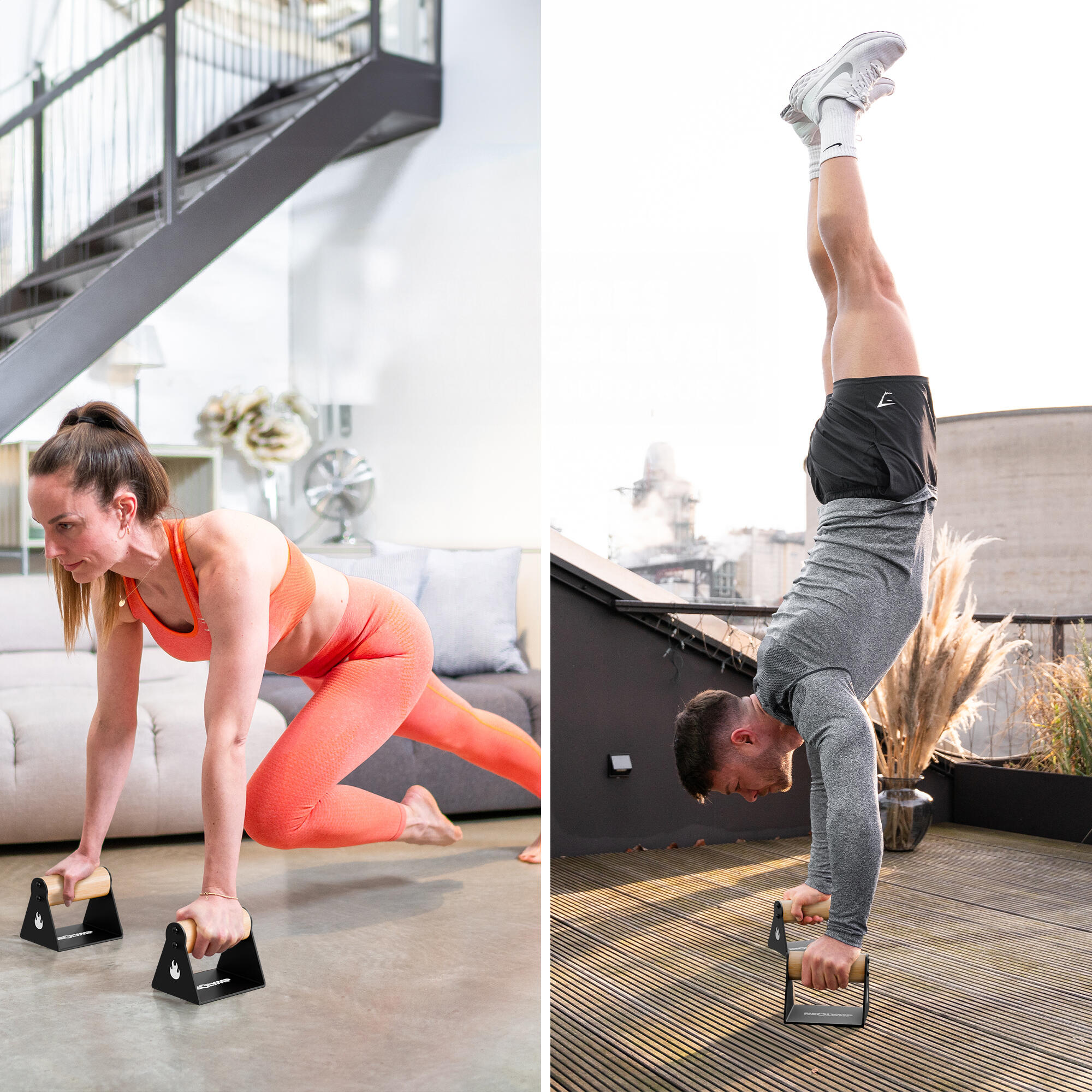 2er Set handgelenkschonende Holz Liegestützgriffe mit Calisthenics-Übungen 7/7