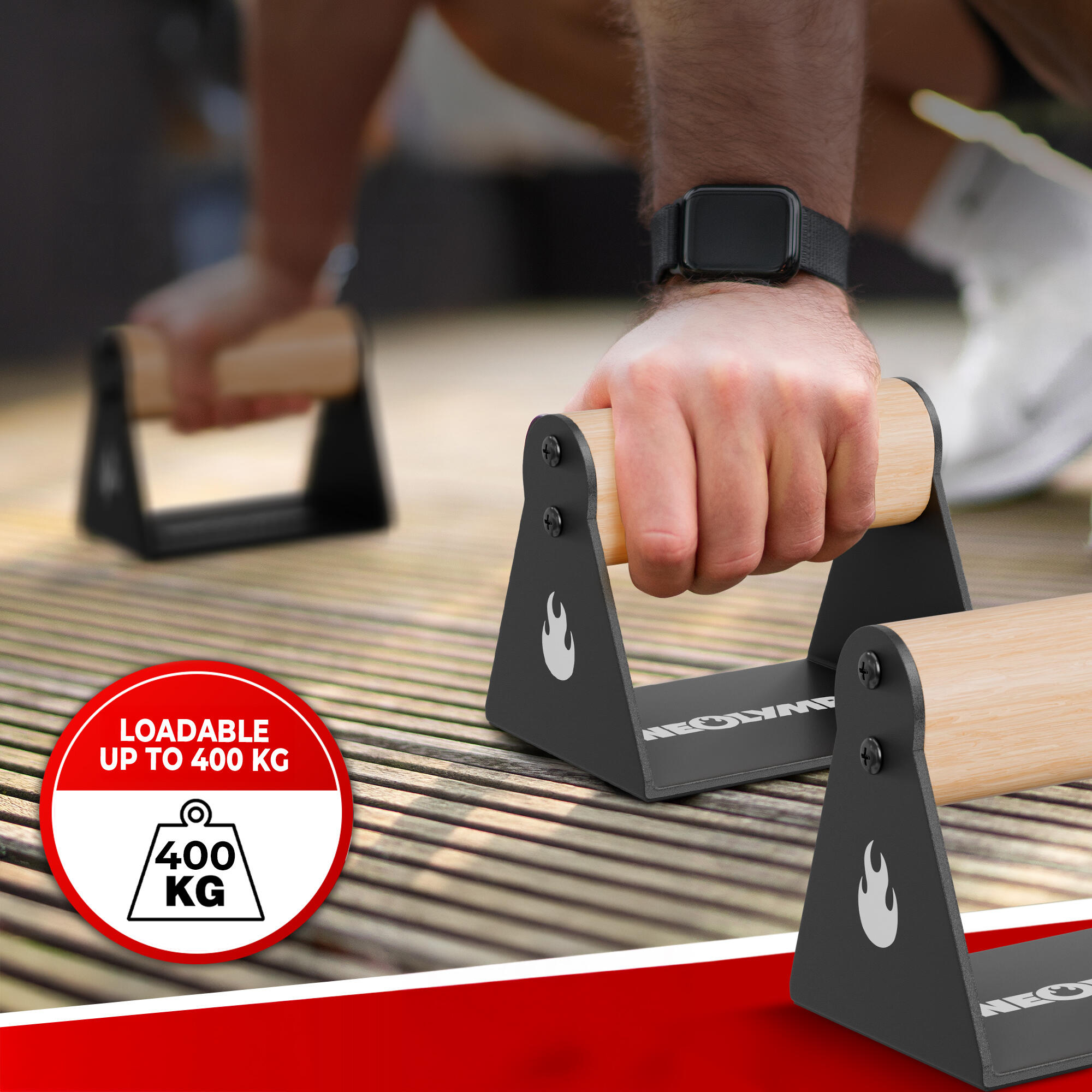 2er Set handgelenkschonende Holz Liegestützgriffe mit Calisthenics-Übungen 6/7