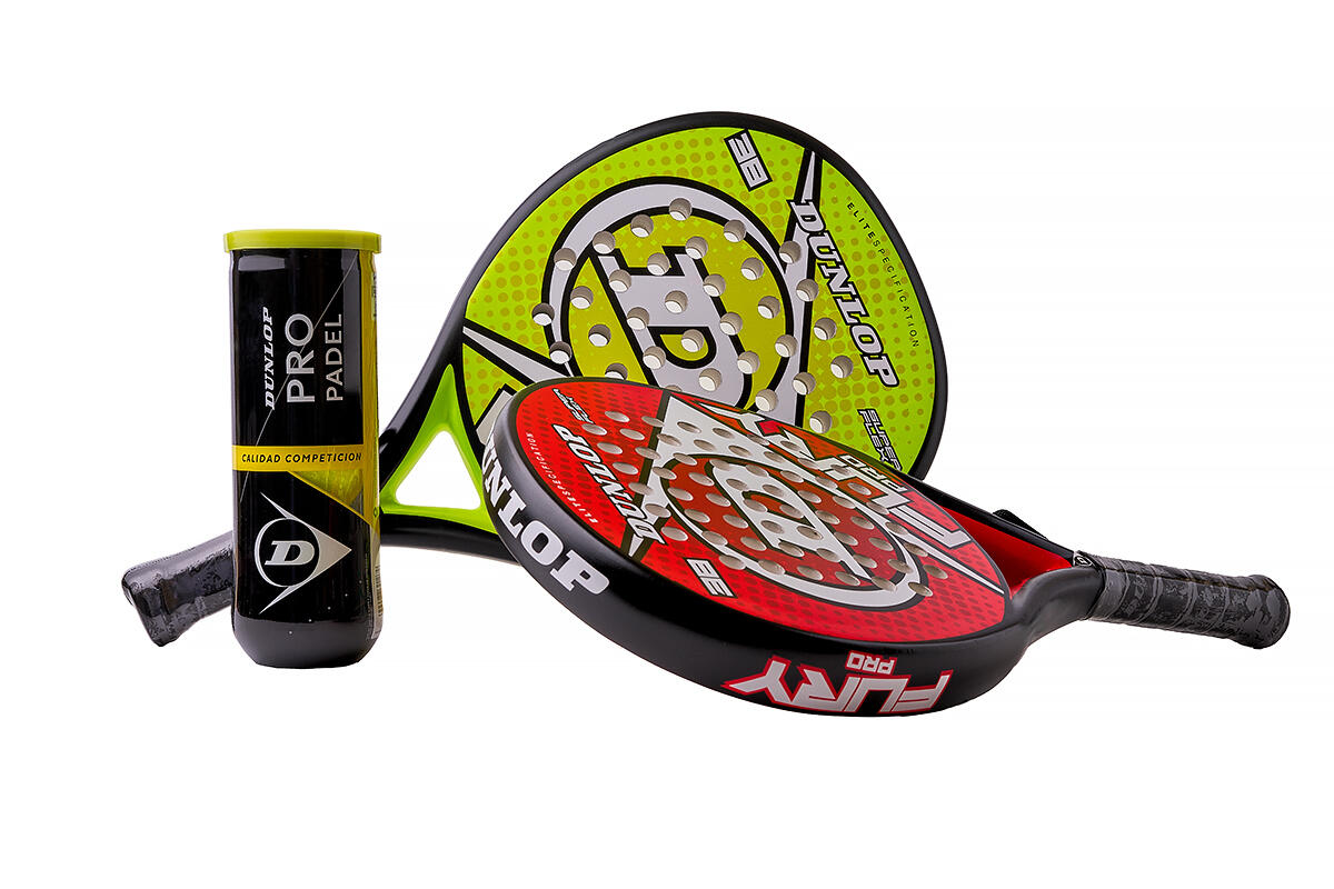 Pack 2 Palas Padel Dunlop Fury (Amarilla, Roja) + Bote Dunlop Padel Pro 1/4