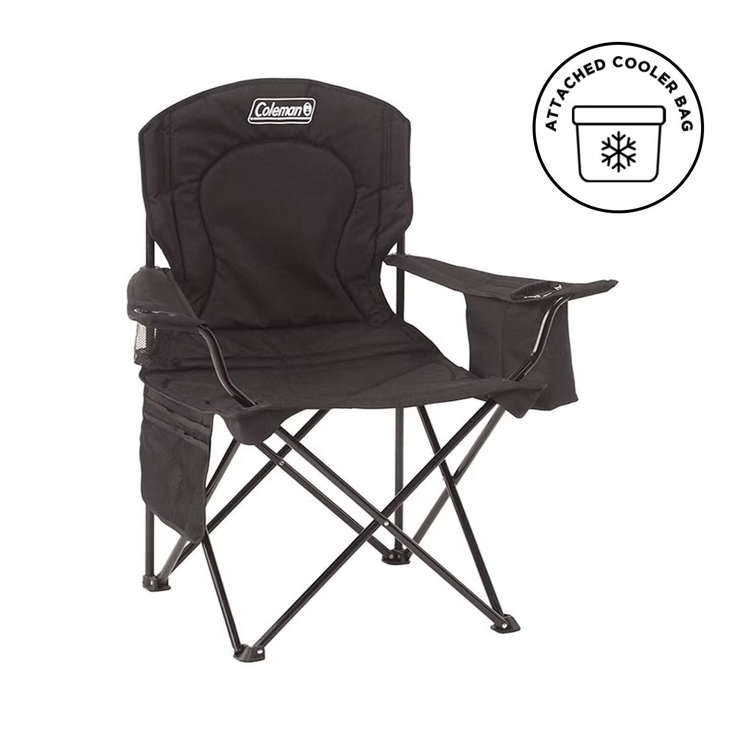 Foldable Camping Quad Armchair With Built-In Can Cooler, Mesh Cup Holder & Side Pockets, Black