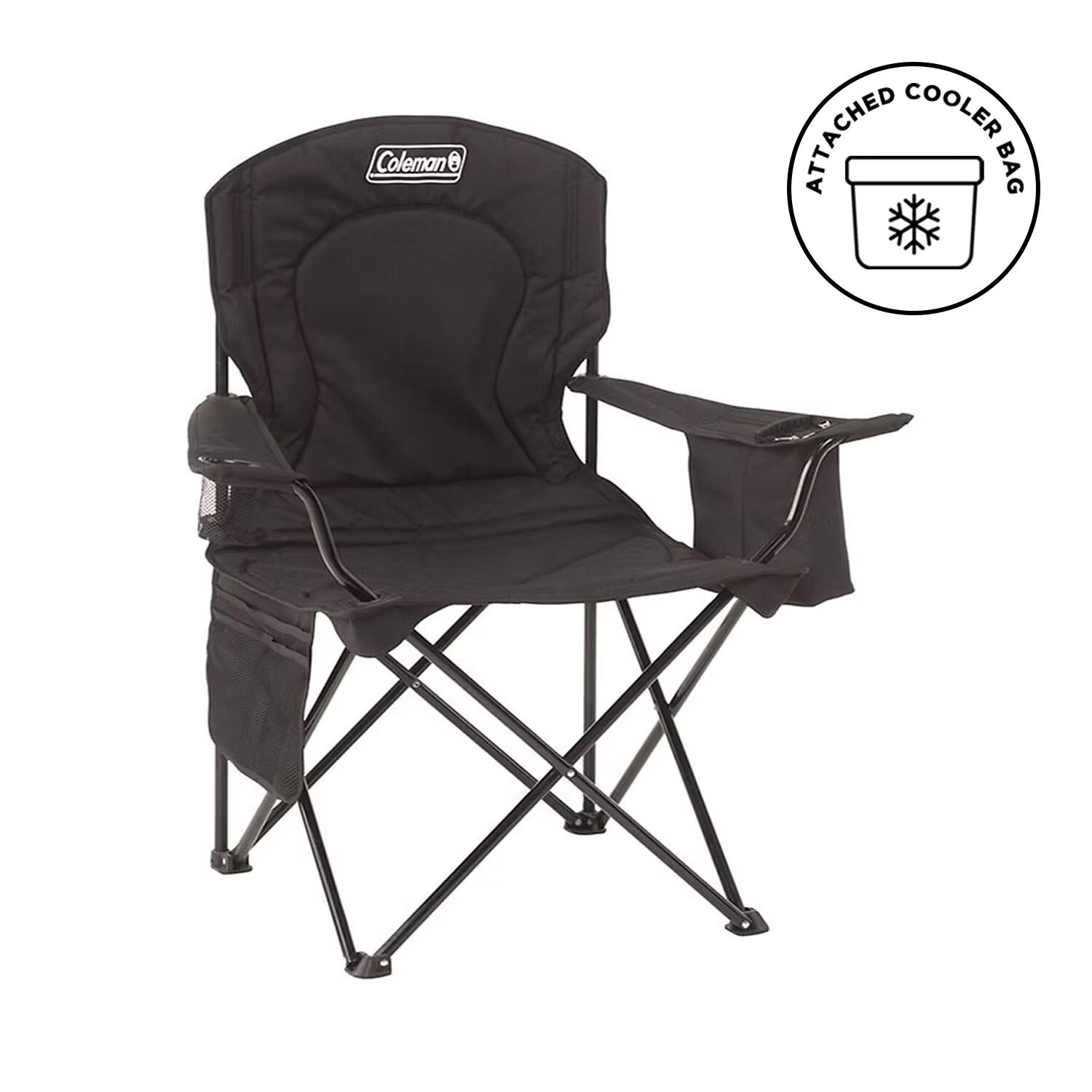 Foldable Camping Quad Armchair With Built-In Can Cooler, Mesh Cup Holder & Side Pockets, Black