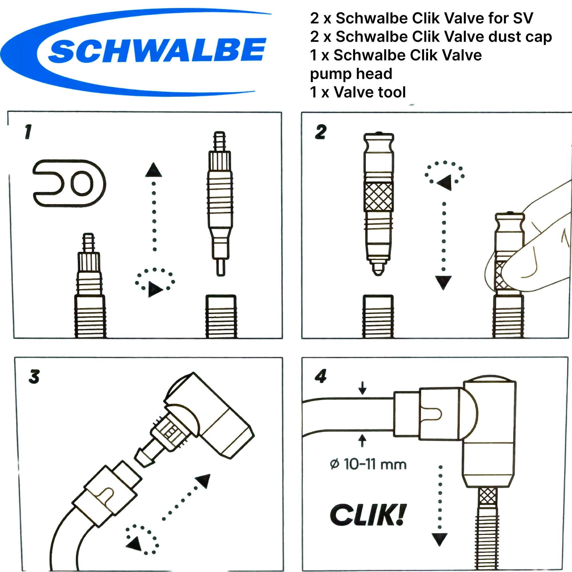 Schwalbe Fahrrad Clik Valve SCV System (DV) Dunlop Set (2St)+ Pumpenkopf 2/5
