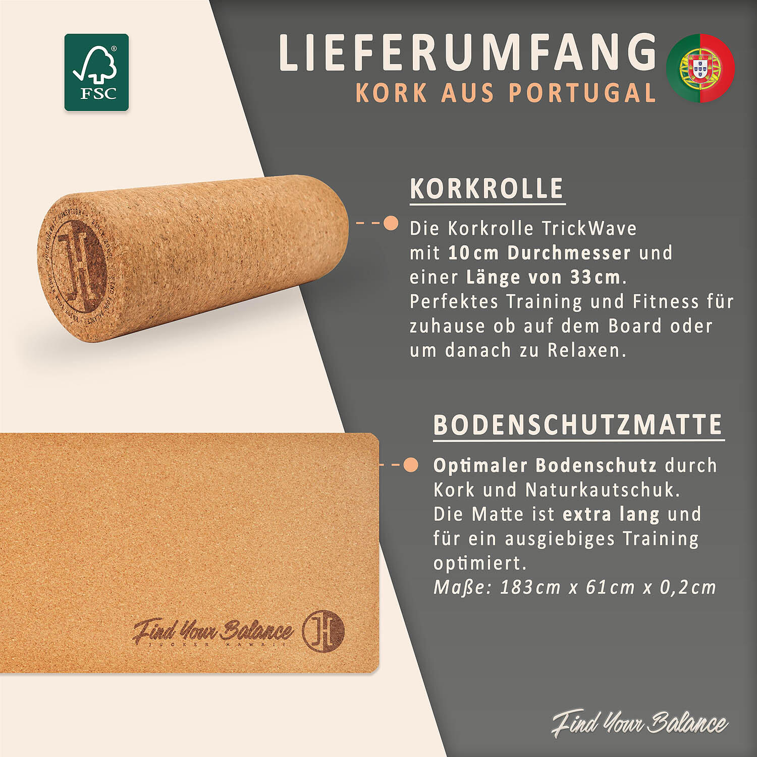 Balanceboard OCEAN ROCKER Bamboo | inkl. Korkrolle und Korkmatte 5/7