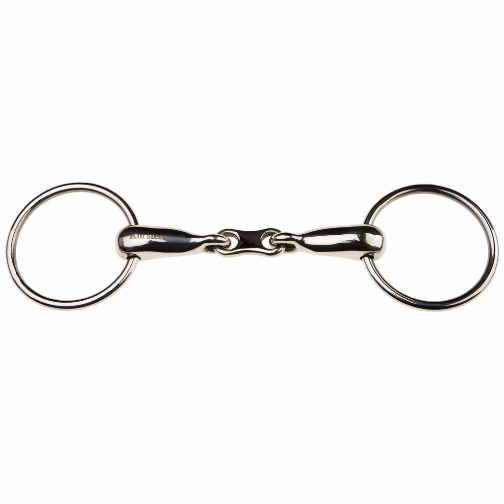 Wide-ring stainless steel snaffle bit with hollow mouth and French links for hor