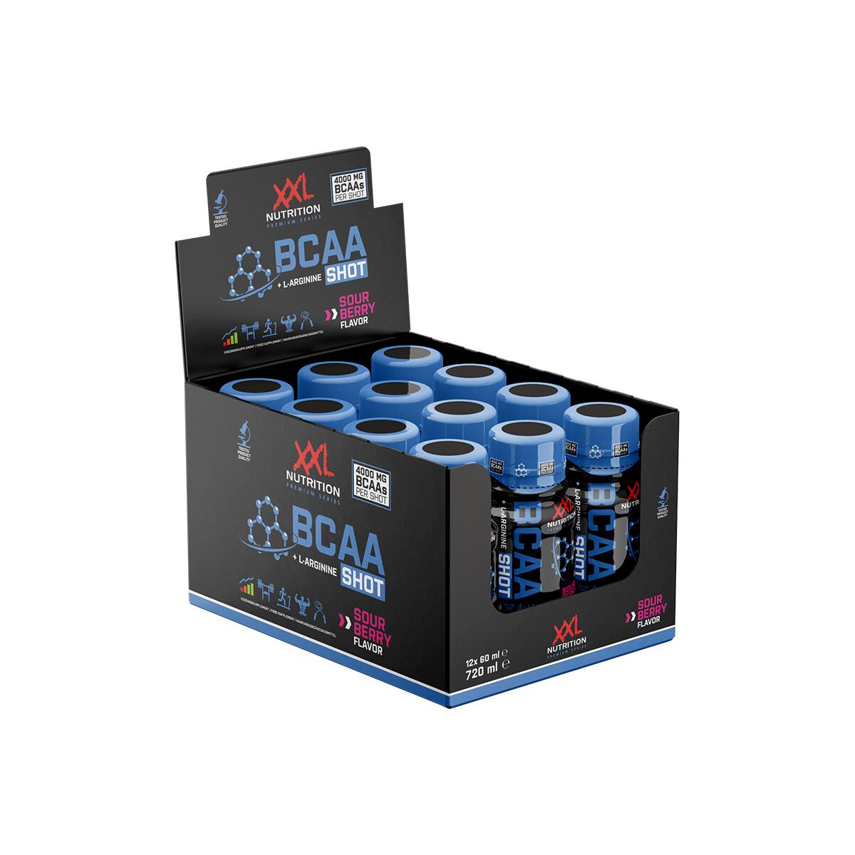 XXL NUTRITION BCAA Shot - BCAA 2:1:1, Essentiële Aminozuren - Zure Bes - 12 Pack (12x60ml)