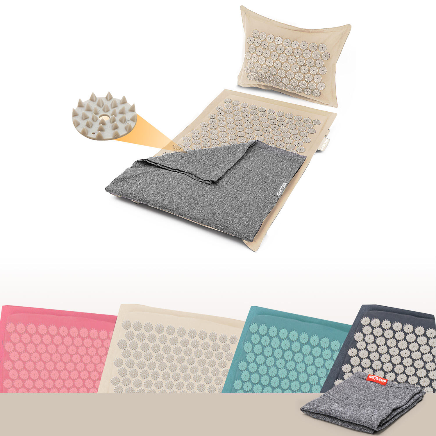 Akupressurmatte Set – Beige-Grau – 5.670 Spitzen mit Kissen und Tragetasche 7/7