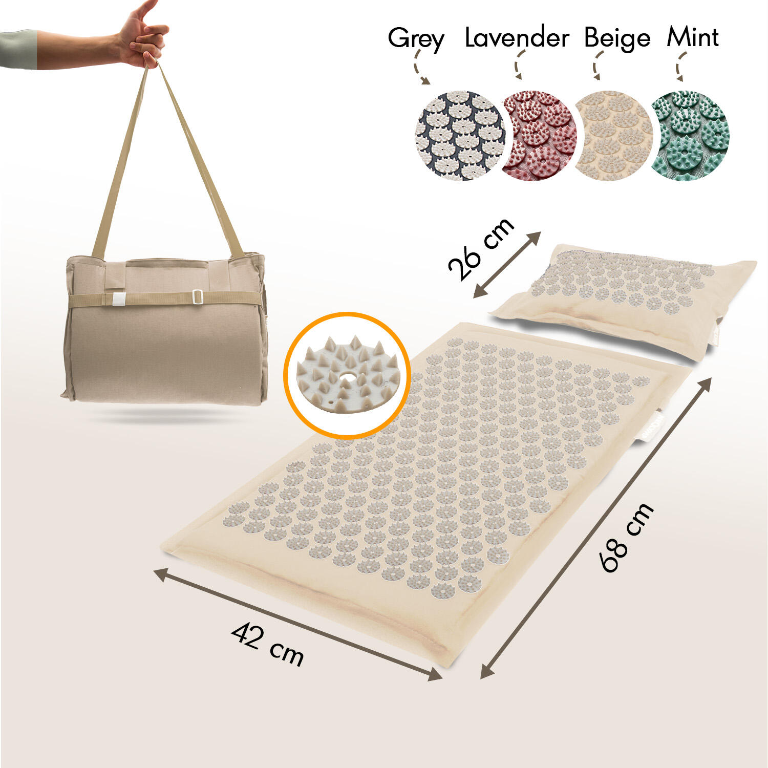 Akupressurmatte Set – Beige-Grau – 5.670 Spitzen mit Kissen und Tragetasche 2/7