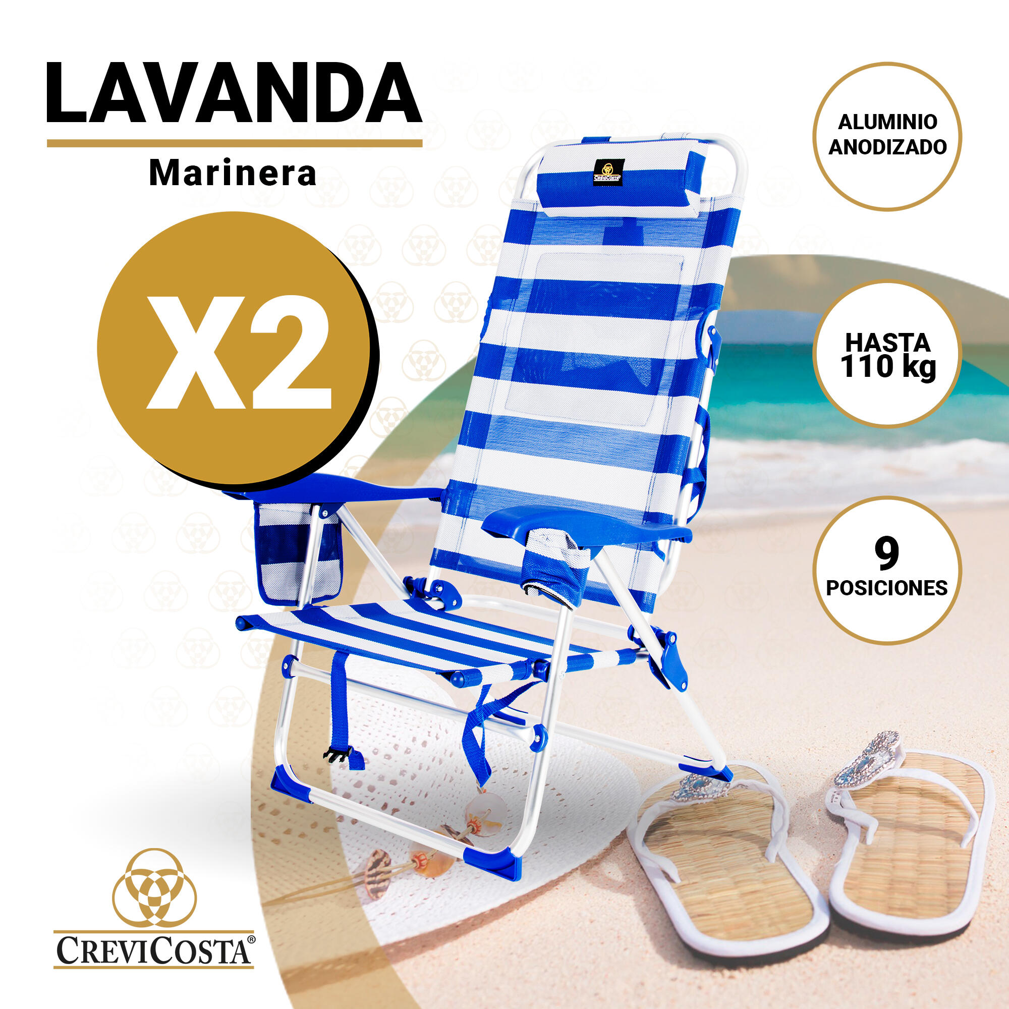 Lote 2 Sillas de Playa 65x60x31/108 cm Lavanda 12009 - CREVICOSTA. Marinera 2/7