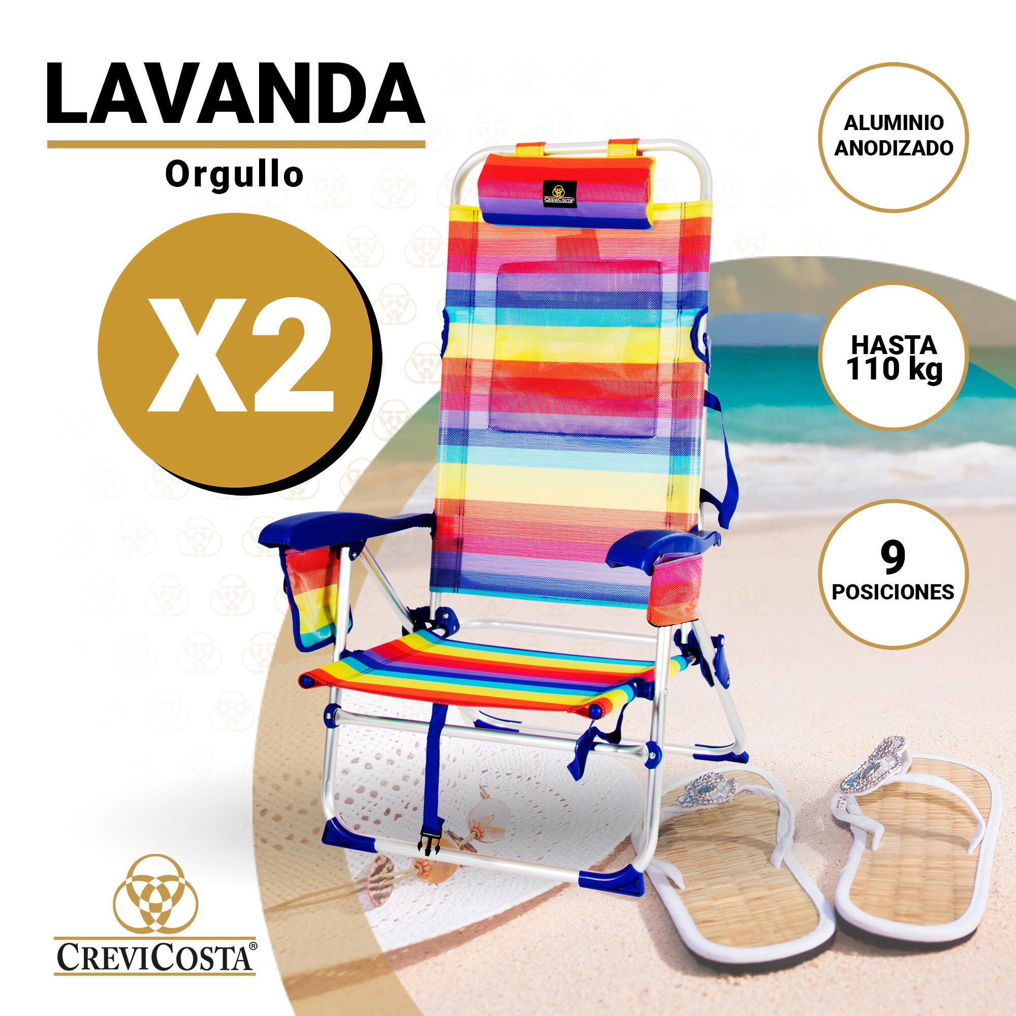 Lote 2 Sillas de Playa 65x60x31/108 cm Lavanda 12009 - CREVICOSTA. Orgullo 2/7