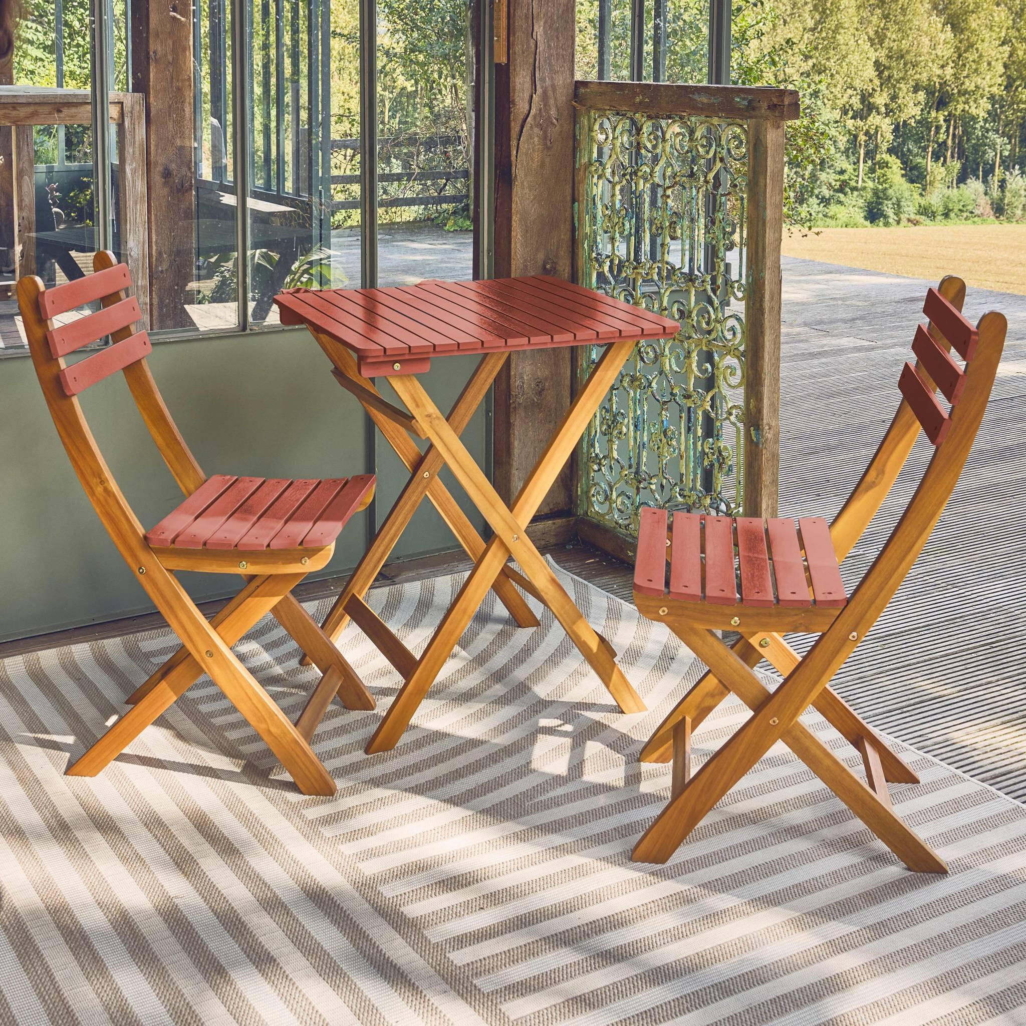 Mesa de jardín de madera de acacia con 2 sillas plegables, Terracota 2/5