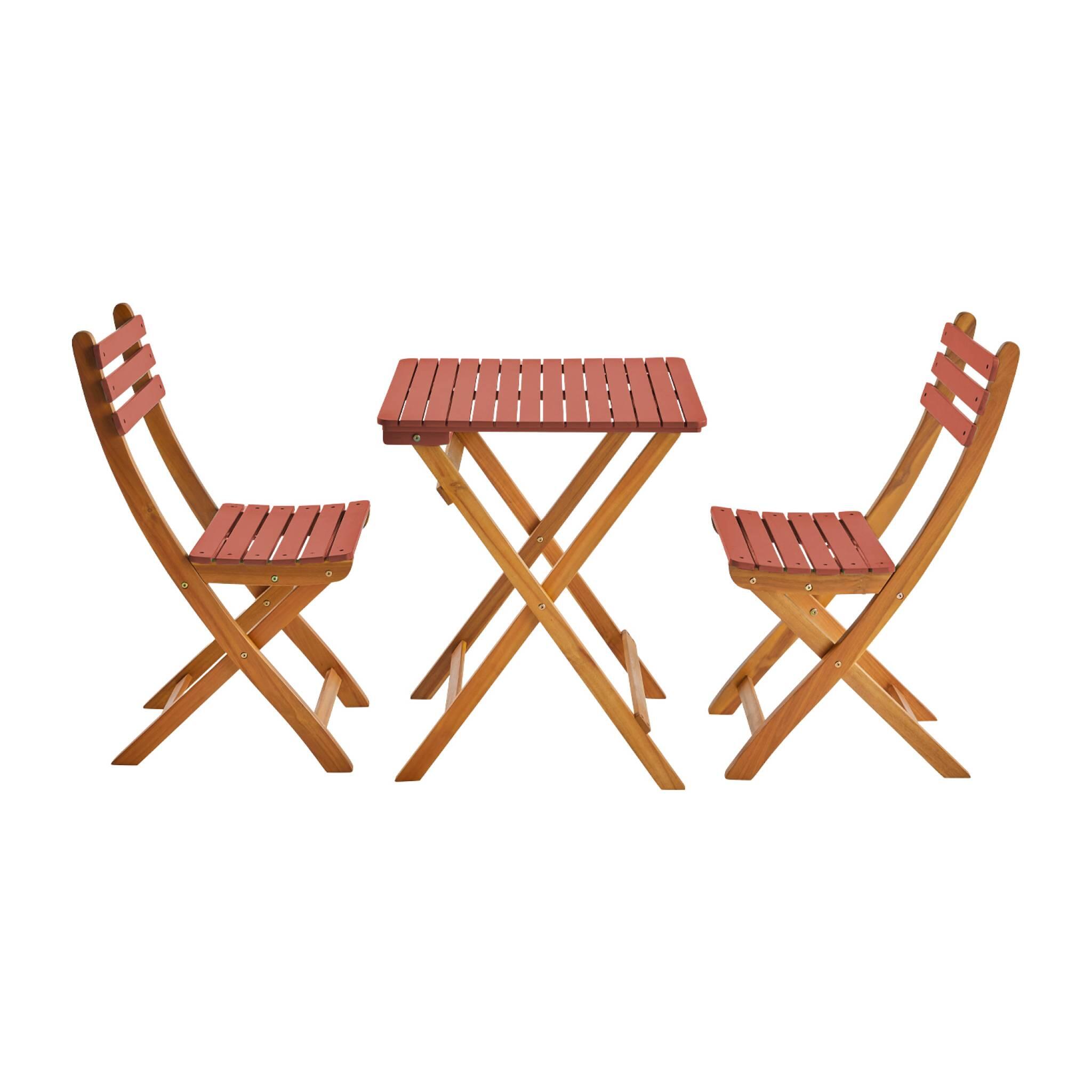 Mesa de jardín de madera de acacia con 2 sillas plegables, Terracota 5/5