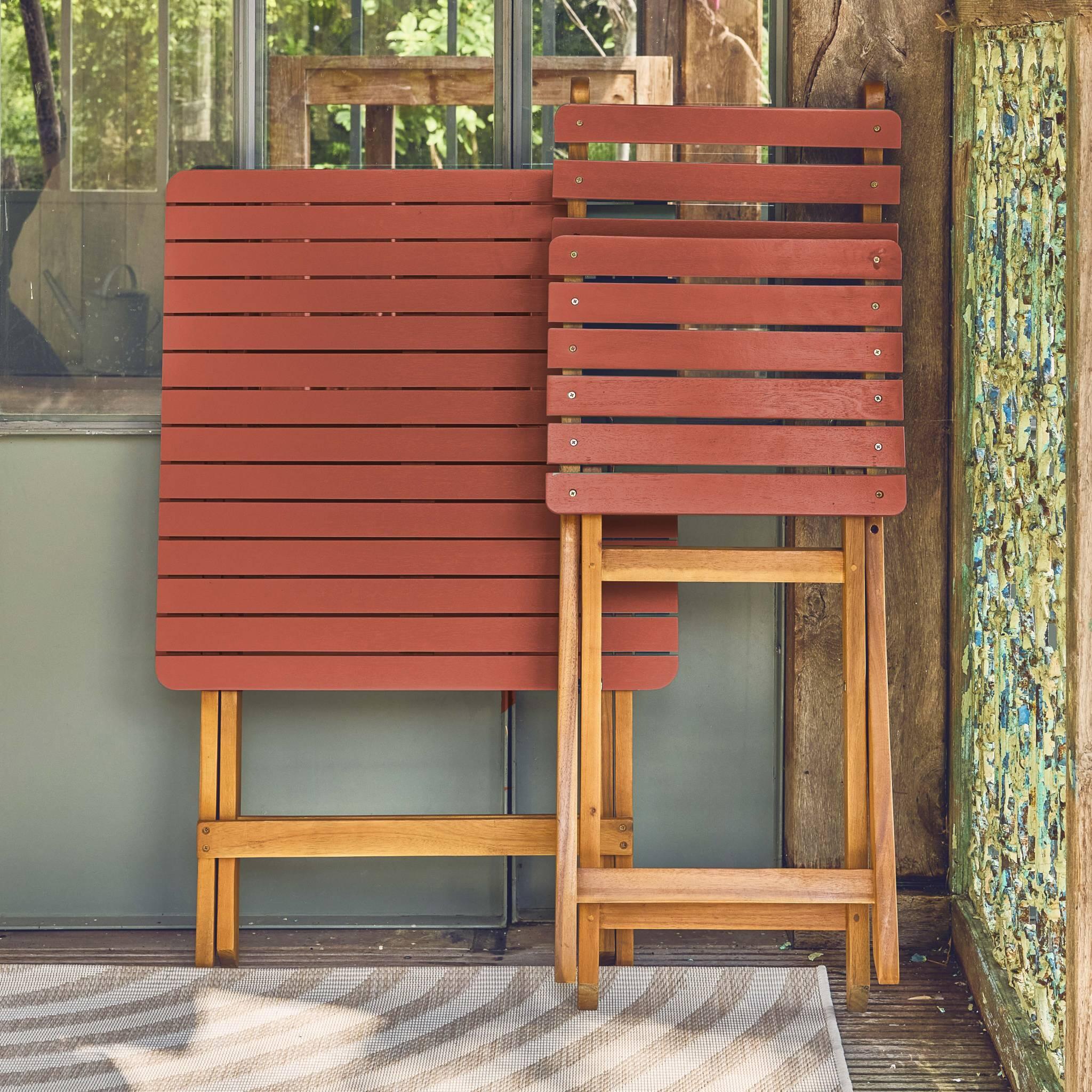 Mesa de jardín de madera de acacia con 2 sillas plegables, Terracota 3/5