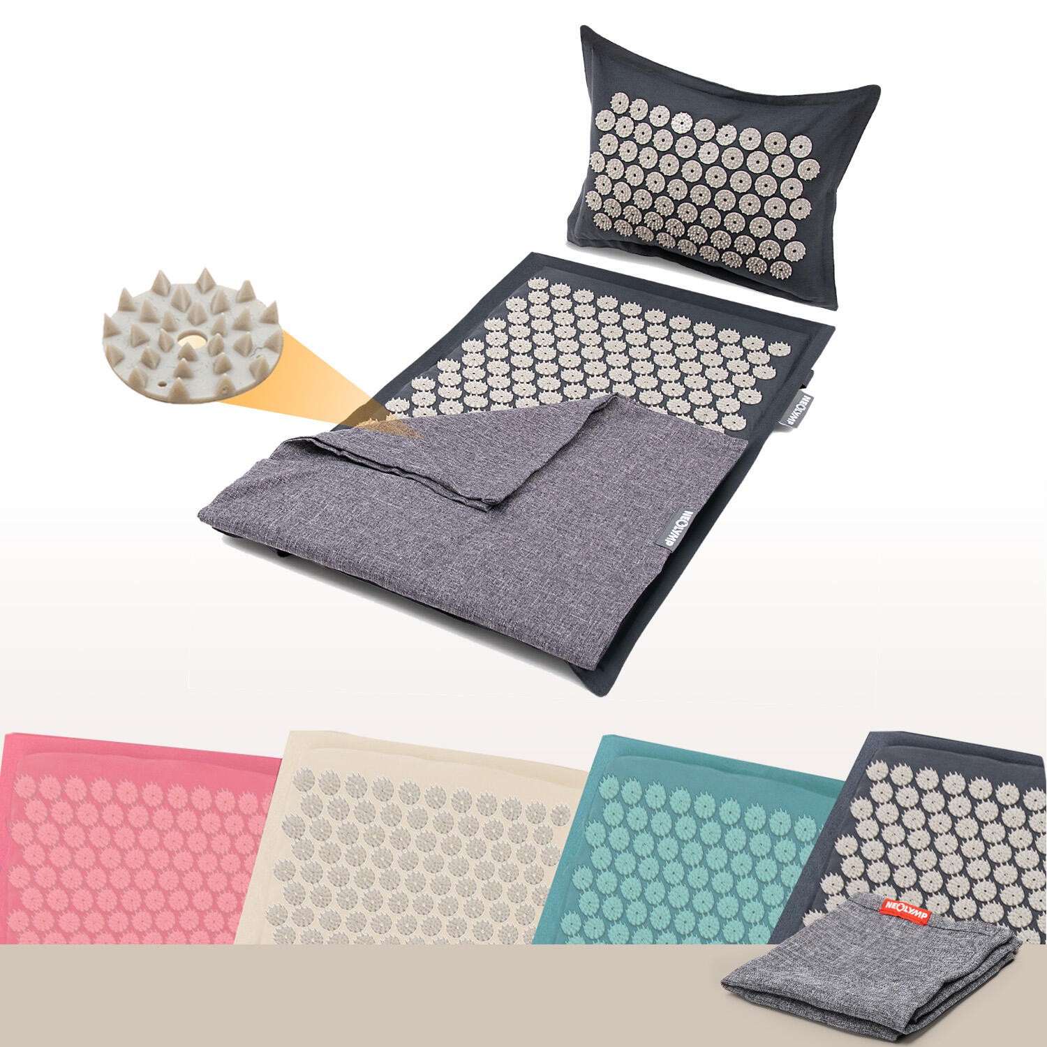 Akupressurmatte Set – Grau-Anthrazit – 5.670 Spitzen mit Kissen und Tragetasche 7/7