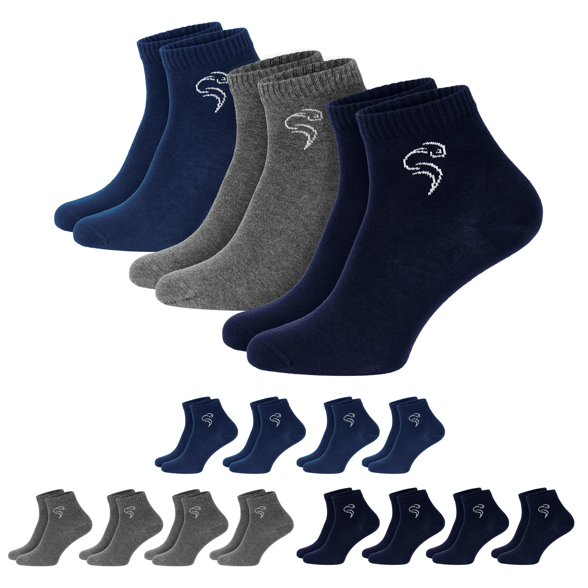 BLACK SNAKE Quarter Sneaker Socken | 12 Paar | Damen und Herren | Dunkelblau/Blau/Grau