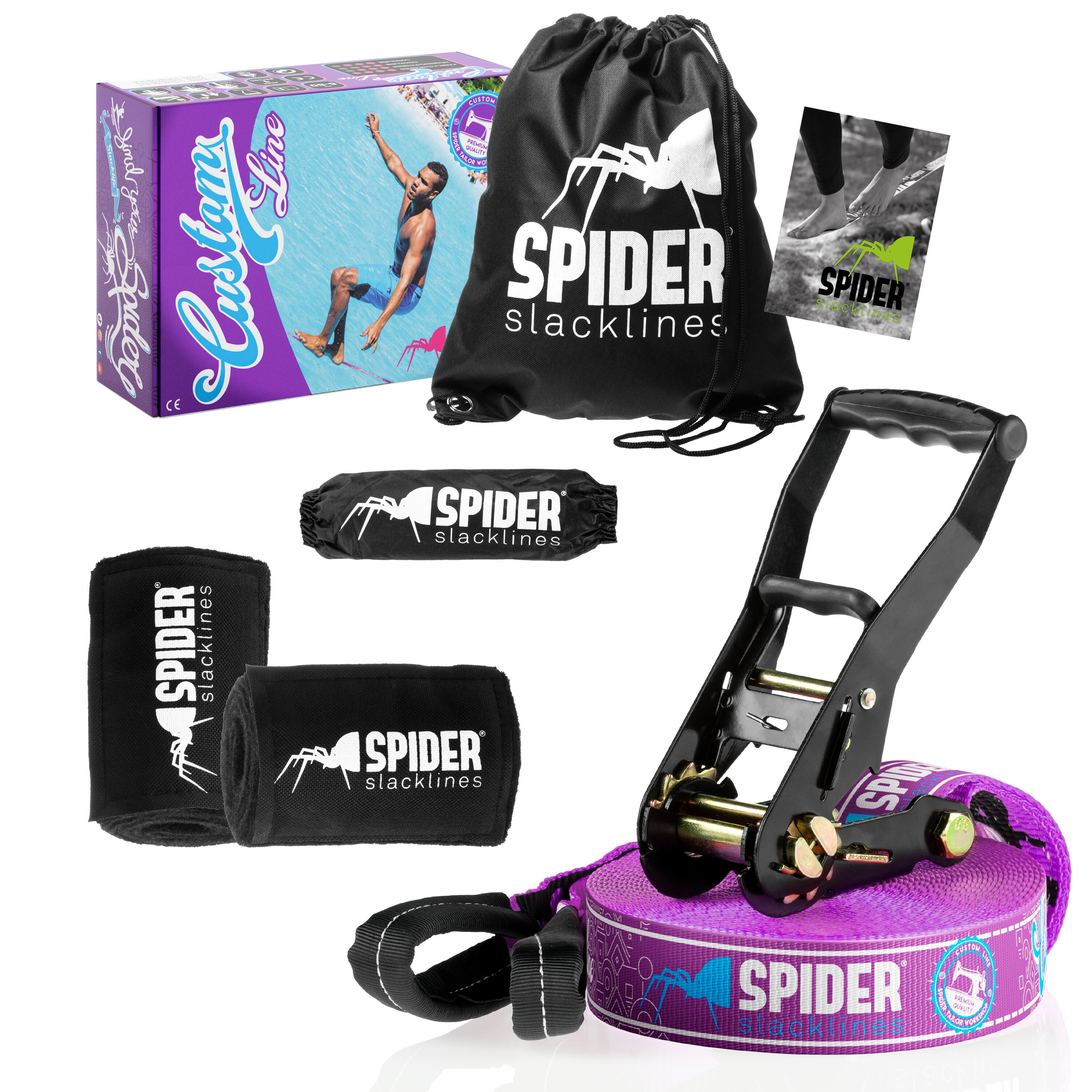 SPIDER Kit Slackline Custom - Set completo fettuccia Lunghezza 15m con 1xCricchetto