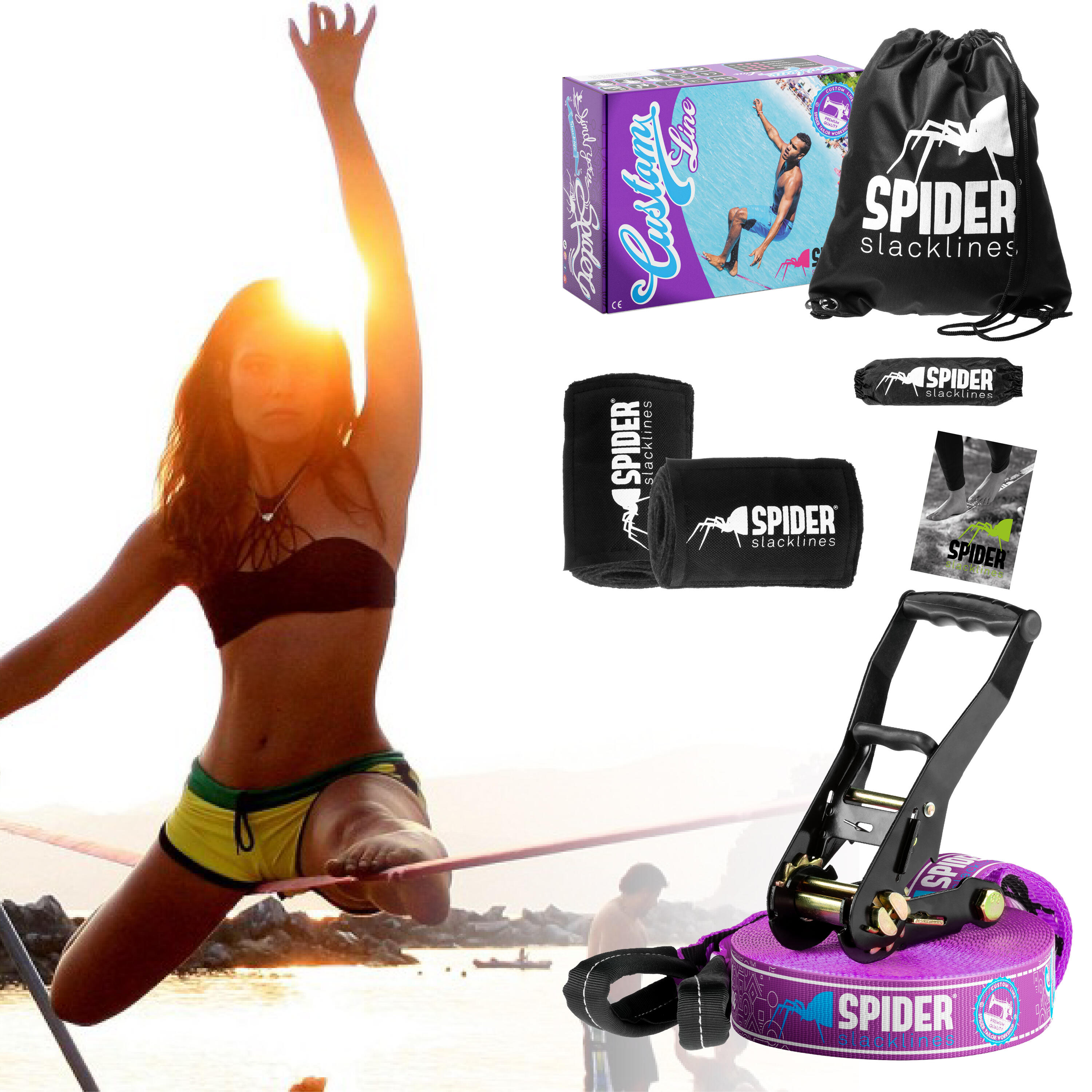 Kit Slackline Custom - Set completo fettuccia Lunghezza 15m con 1xCricchetto 2/7