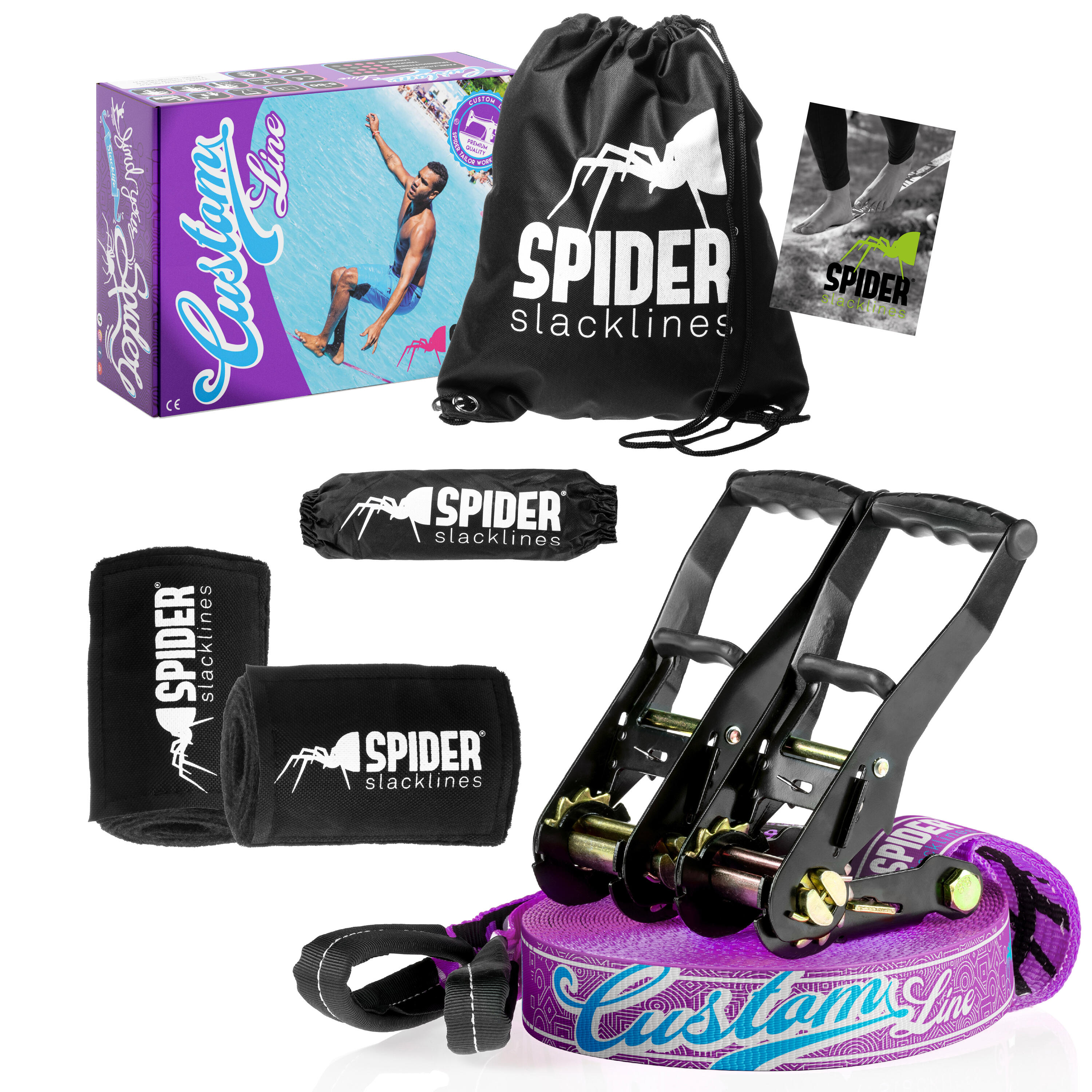SPIDER Kit Slackline Custom - Set completo fettuccia Lunghezza 25m con 2xCricchetto