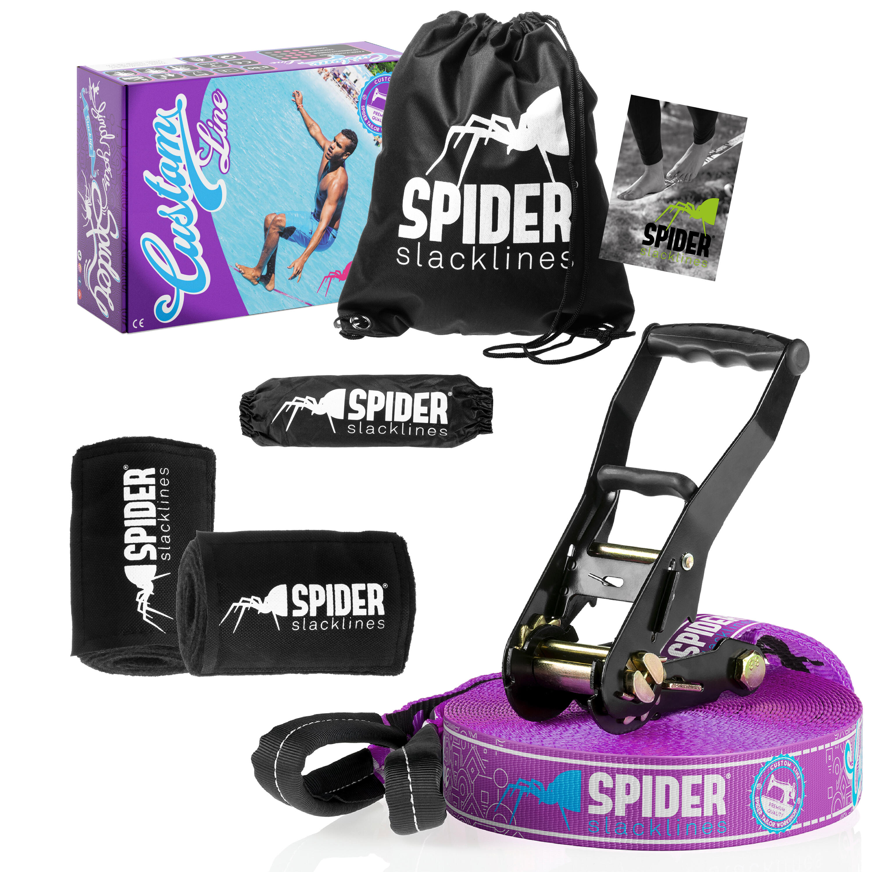 SPIDER Kit Slackline Custom - Set completo fettuccia Lunghezza 20m con 1xCricchetto