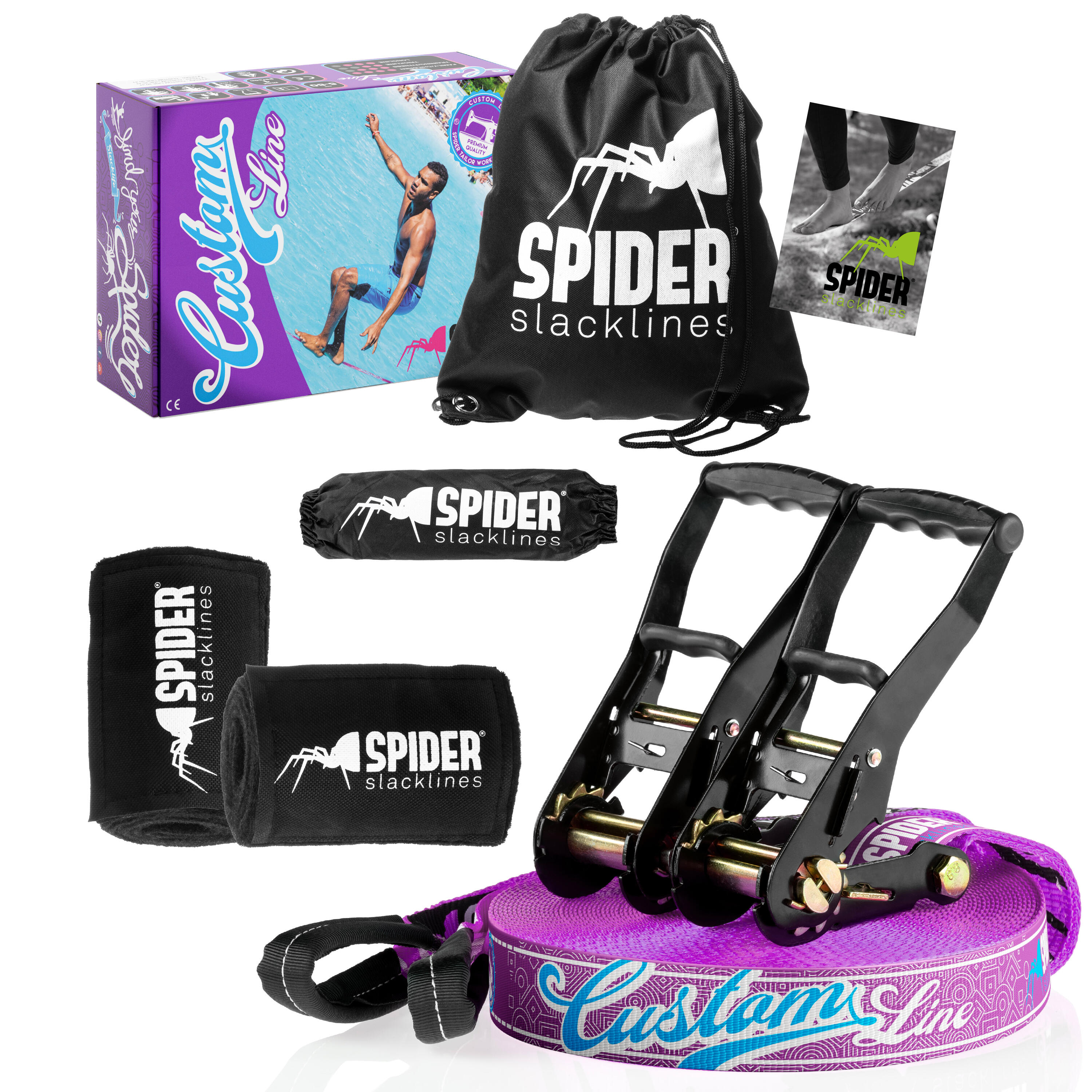 SPIDER Kit Slackline Custom - Set completo fettuccia Lunghezza 30m con 2xCricchetto