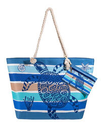 SAC DE PLAGE IMPRIMÉ AVEC PORTE-MONNAIE TORTUE À RAYURES BLEUES