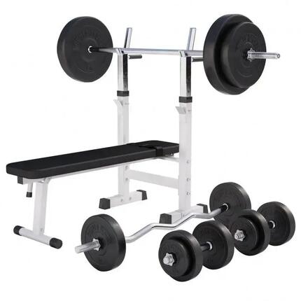 Halterbank zwart met 100 kg halterset - Fitnessbank - Verstelbaar - Halterstang