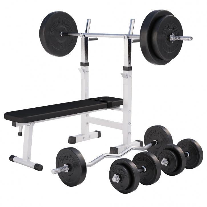 BANC DE MUSCULATION BLANC CLASSIQUE AVEC SET D'HALTERES COMPLET 97,5 KG | MUSCUL