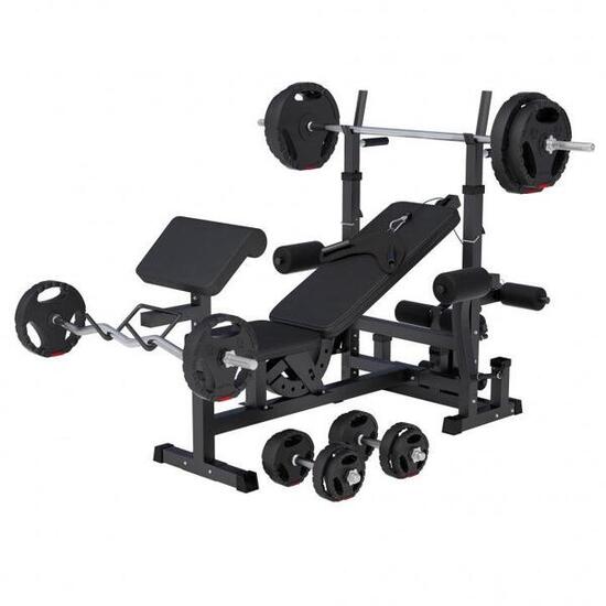 Banc de Musculation - Set Haltères 100kg, Avec Support, Banc d'Haltérophilie