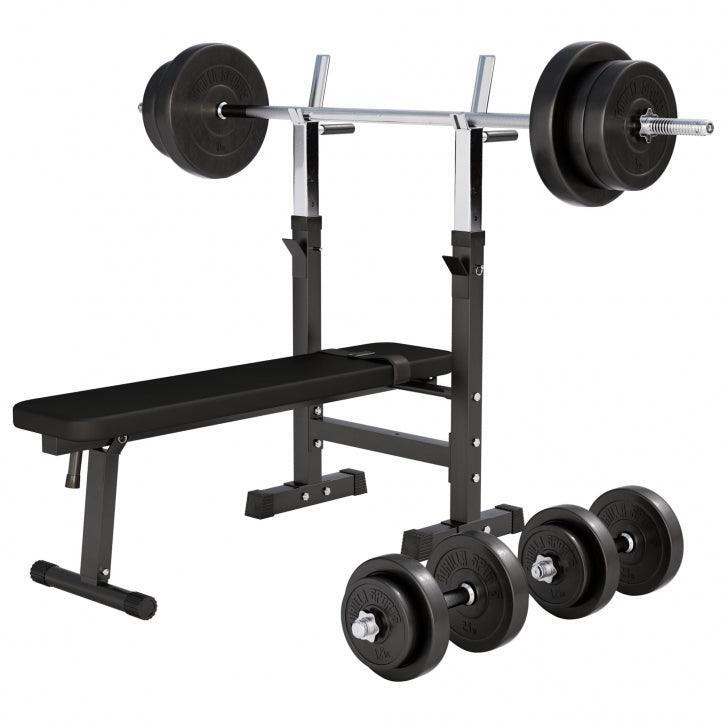 GORILLA SPORTS GS006 BANCO DE PESOS + CONJUNTO DE DISCOS DE PLÁSTICO E BARRA LONGA 70KG