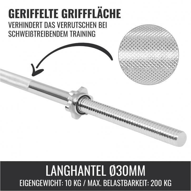 Barre Longue 170 Cm – Diamètre 30mm, Charge 200kg, Avec 2 Stops Et Coussin De Protection Nuque