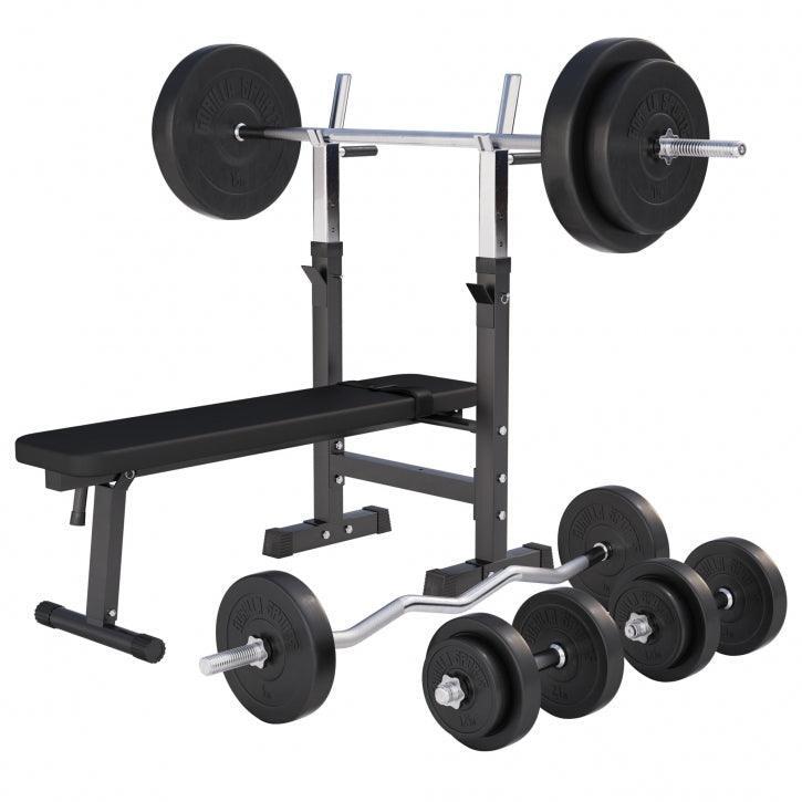BANC DE MUSCULATION BLANC CLASSIQUE AVEC SET D'HALTERES COMPLET 97,5 KG | MUSCUL