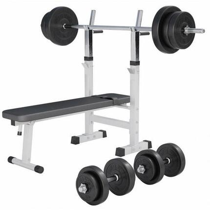 BANC DE MUSCULATION BLANC CLASSIQUE AVEC SET D'HALTERES COMPLET 97,5 KG | MUSCUL