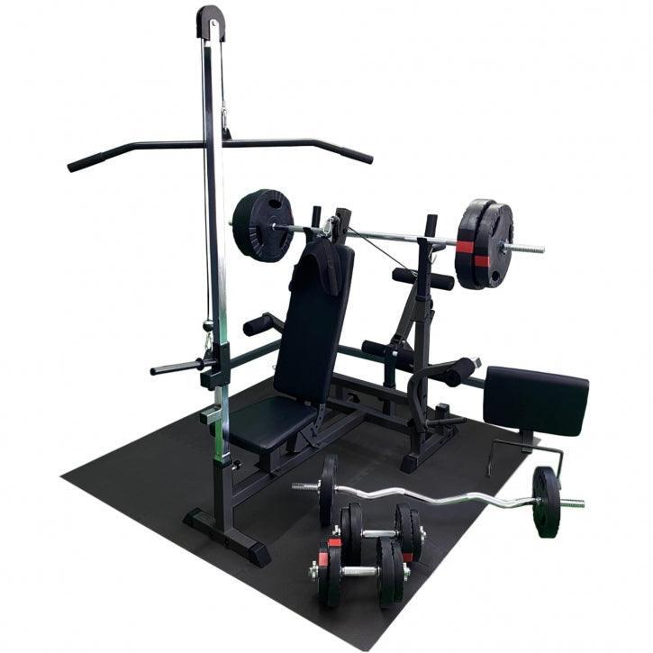 Gorilla Sports - Banc De Fitness Avec Poids 100 Kg - Poulie Lat - Tapis Puzzle - Set Complet - Extension De Station - Blanc|gris - Taille Unique - Decathlon