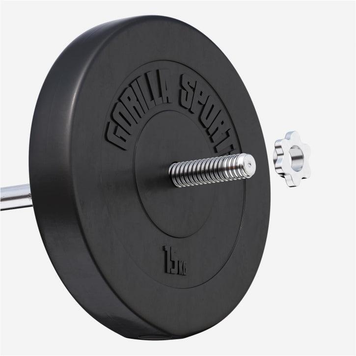 Disque musculation Gorilla Sports 15 kg plastique noir, alésage 28 mm 3/7