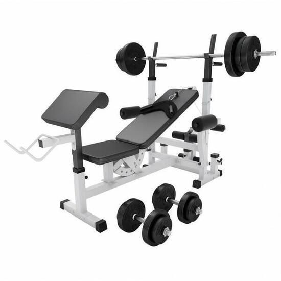 Banc de musculation complet avec haltères, barres et poids