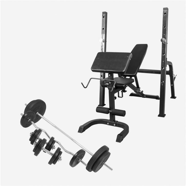 GORILLA SPORTS Halterbank met Squat Rack + 100 kg set - Halterstang met gewichten - Zwart - 30