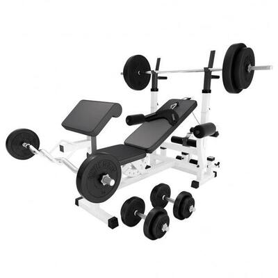 Universele halterbank + 100 kg halterset - kunststof - halterstang met