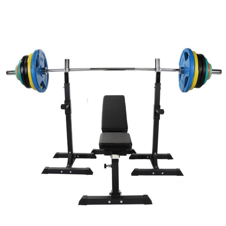 Hantelbank mit Olympia Langhantel Set Gummi Gripper 150 kg 2/7
