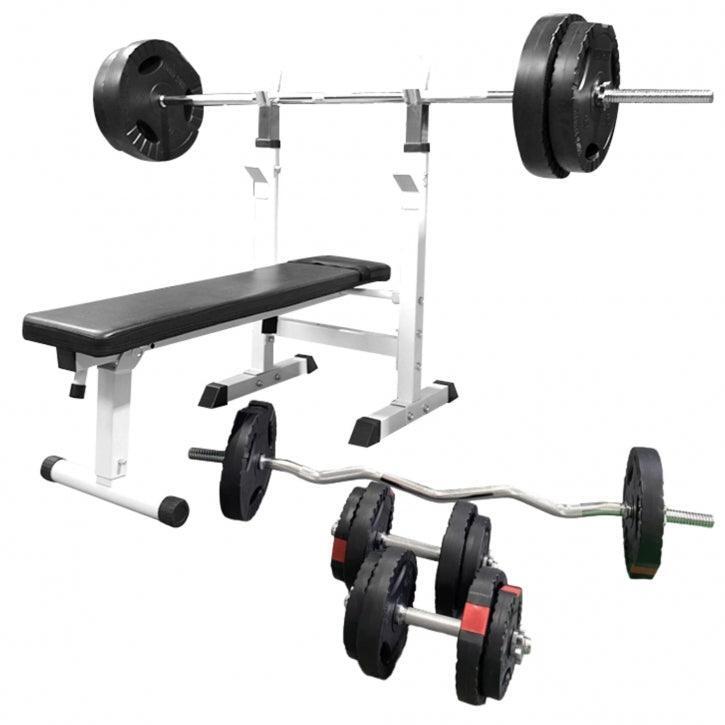 GORILLA SPORTS Halterbank Wit met 100 kg Halterset - Fitnessbank - Halter met gewichten -