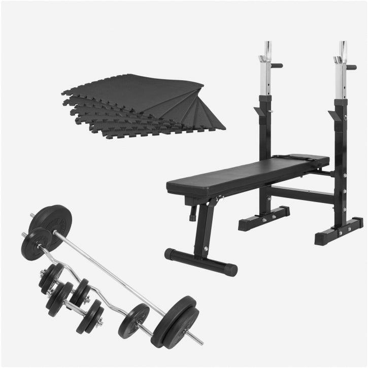 GORILLA SPORTS Halterbank zwart met 100 kg halterset - Fitnessbank - Verstelbaar - Halterstang