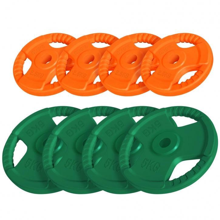 CONJUNTO DE 8 PESOS DE BORRACHA COM PEGAS | DIAM. 31 MM | 4x5 ET 4x2,5KG