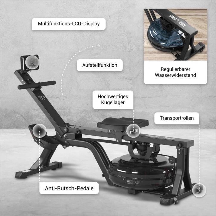 Máquina de remo aquática com computador de treino preto/vermelho