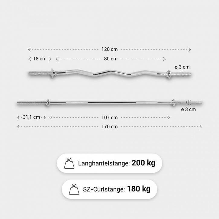 Hantelstangenset mit Langhantel und SZ-Curlstange, Sternverschlüsse 5/7
