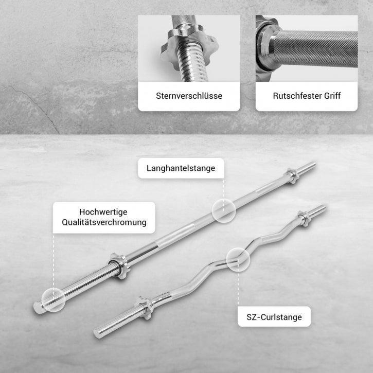 Hantelstangenset mit Langhantel und SZ-Curlstange, Sternverschlüsse 4/7