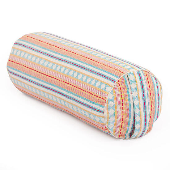 Yoga-Bolster (rund), Jacquard-Webstoff, apricot-hellblau gem., Dinkelhülsen