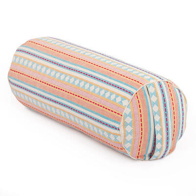 Yoga-Bolster (rund). Jacquard-Webstoff. apricot-hellblau gem.. Dinkelhülsen