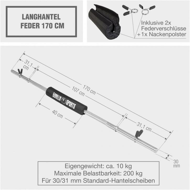 Halterstang - Barbell - 170 cm - Met Bar Pad - Nekkussen - 30/31 mm - Incl. 5/7
